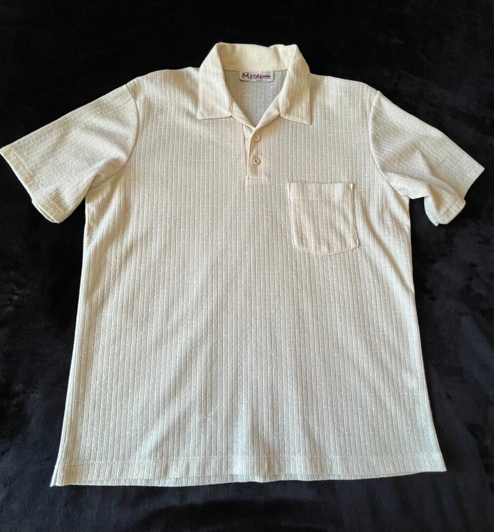Vintage Mr California Polo Shirt Mens Large Beige Knit Disco Retro Made in USA